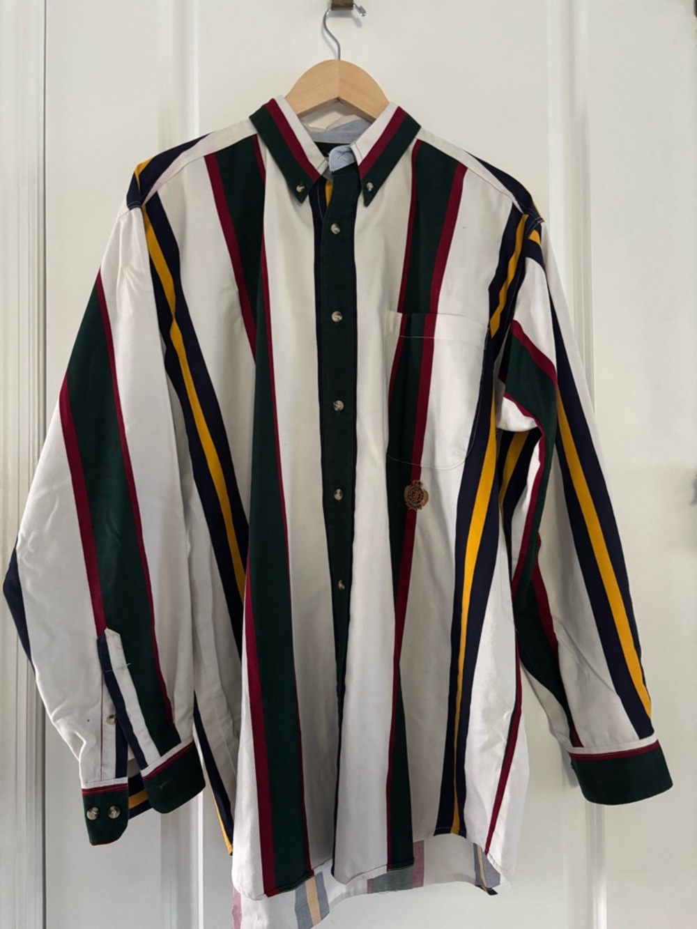 Men's Button-Down Stripe Shirt in White, Green, Navy & Maroon